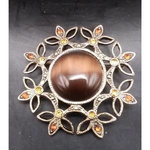 Vintage Silver Metal Multi Color Gems Tigers Eye Center Oval Pendant Brooch